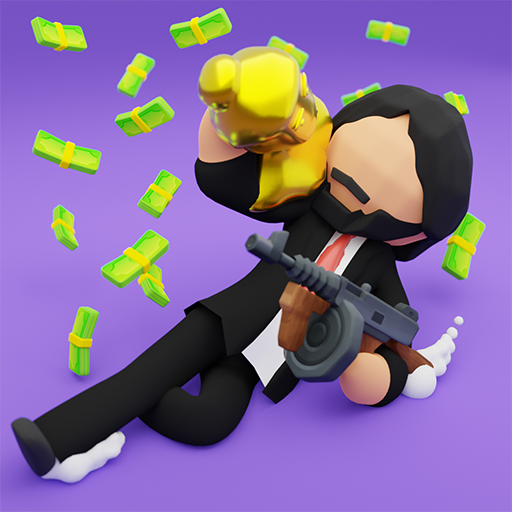 Cartoon robber holding a golden trophy and money bundles while firing a gun – Heisting mobile action game by EpiCoro Games