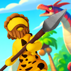 Caveman holding a spear facing a dinosaur in a prehistoric jungle – My Little Cave mobile game by EpiCoro Games